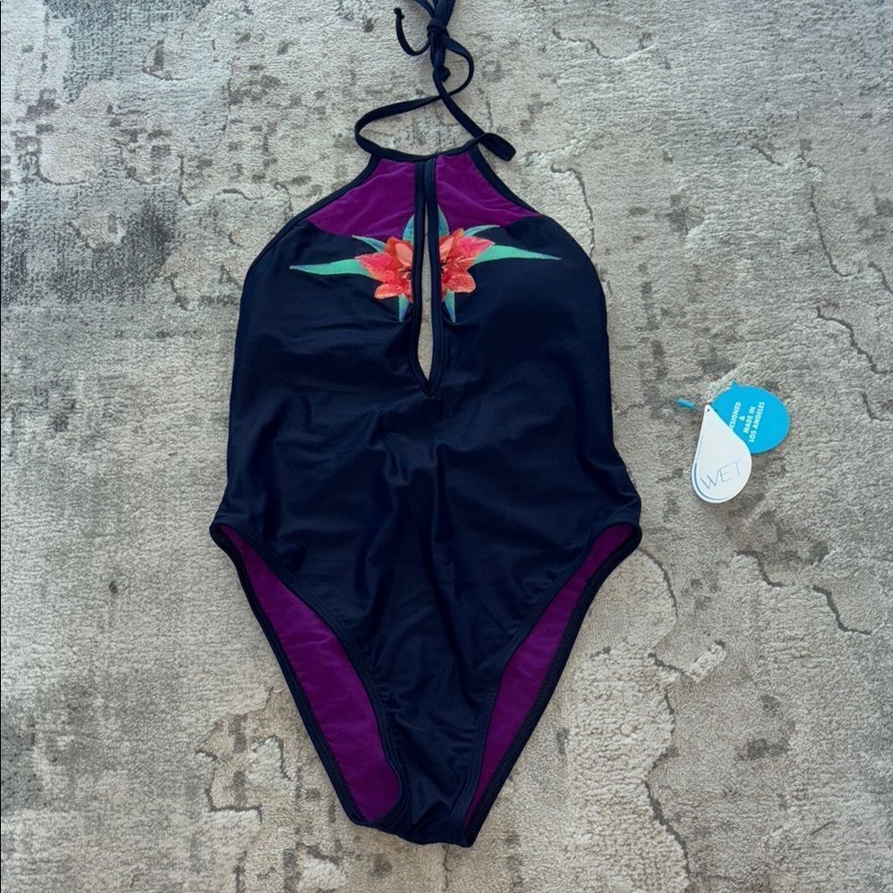 Black and Purple One Piece with Racerback and High-Cut Legs